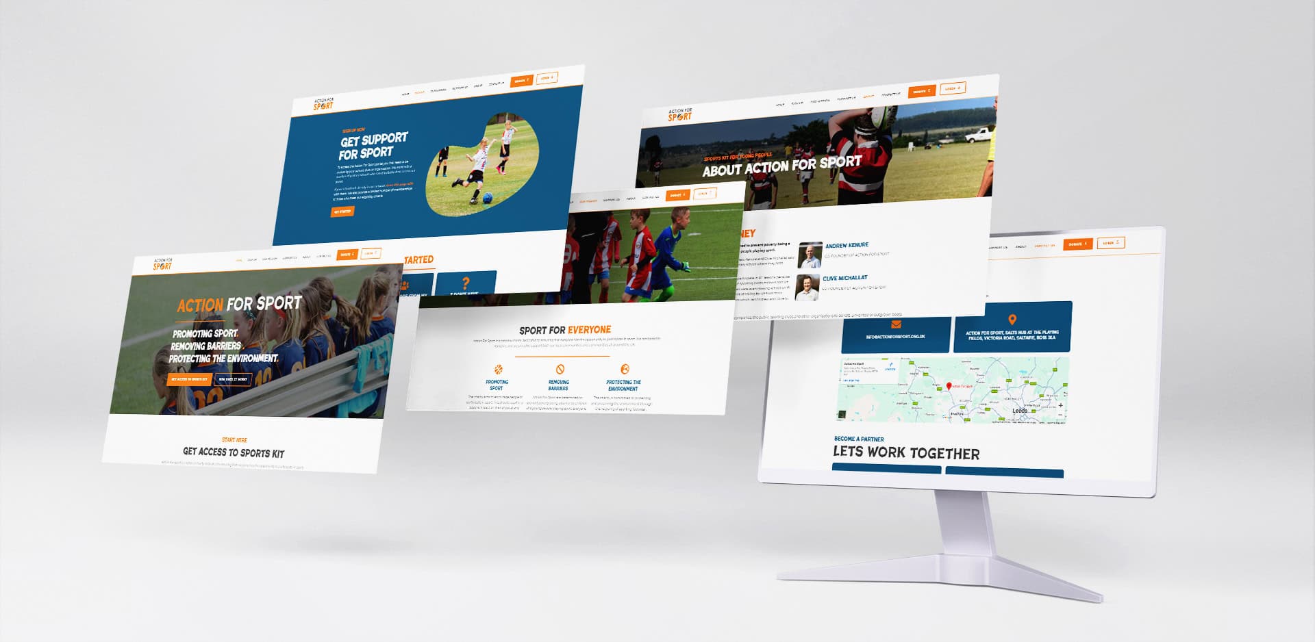 action for sport web design showing a selection of pages from their website